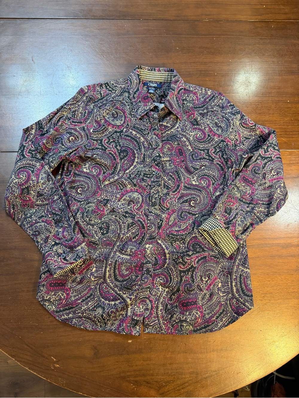 Chaps Women’s Purple, Black Paisley houndstooth sleeve Button-Down Shirt Large